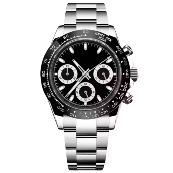 Men's Chronograph Watch Black Dial Stainless Steel Bracelet Tachymeter Bezel