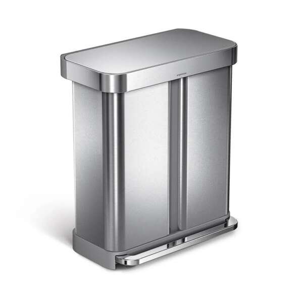 simplehuman Dual-Compartment Rectangular Stainless-Steel Step Trash Can with Liner Pocket